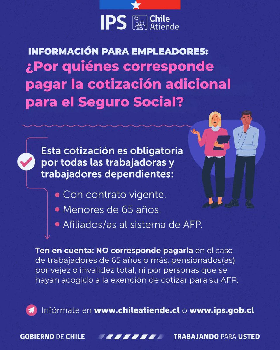 ChileAtiende's tweet photo. 💼📄 ¿Eres empleador o empleadora? 👀

Hay casos en los que no debes pagar el 1 % de cotización adicional de tu trabajador o trabajadora.

📌 Revisa aquí en qué casos aplica 👉🏻 https://t.co/XH4j0kTxDF https://t.co/MB7cQD5UZU