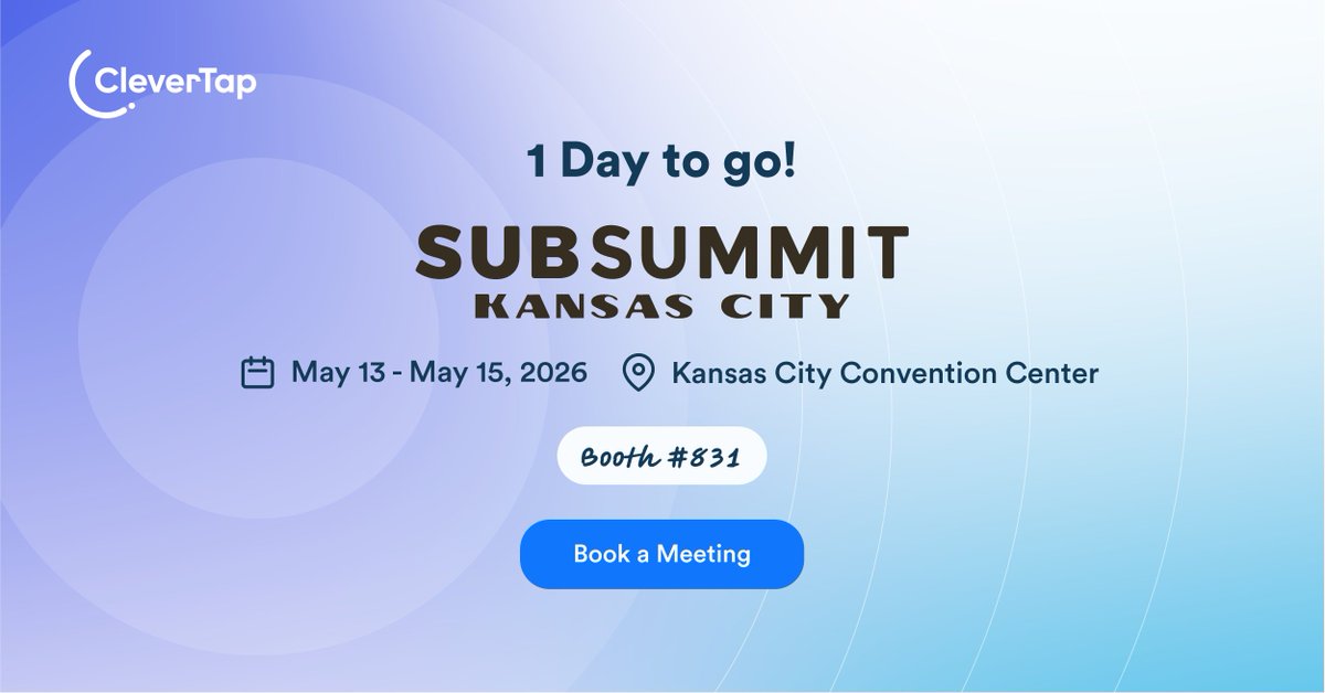 CleverTap's tweet photo. 1 day to go โณ
SubSummit kicks off tomorrow and weโre ready
Find us at Booth #831 to see CleverAIโข in action for retention and lifecycle growth
https://t.co/dfxIgpMkc6
Book + complete a meeting for a $100 Amazon gift card ๐๏ธ
#SubSummit2026 #CleverTap #eCommerce https://t.co/jPgTFaUMl6