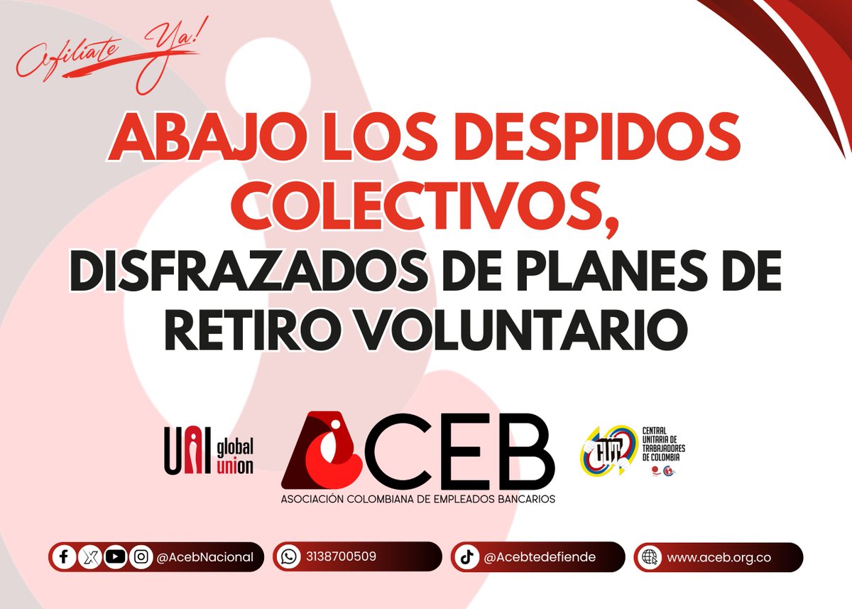 acebnacional's tweet photo. Rechazamos los despidos colectivos disfrazados de “planes de retiro voluntario”, utilizados muchas veces bajo presión o en medio de la incertidumbre laboral.

El empleo digno se defiende.
La estabilidad laboral no puede convertirse en una negociación forzada. ✊ https://t.co/om2AkObV1H