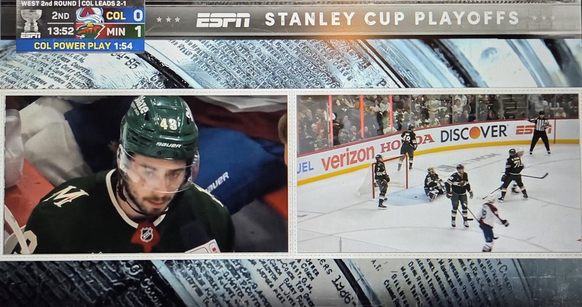 PreusseFGC's tweet photo. ESPN's playoff coverage is so bad why are we doing a recorded splitscreen generic ass interview while a PPG is scored https://t.co/QSjLWBGz7i