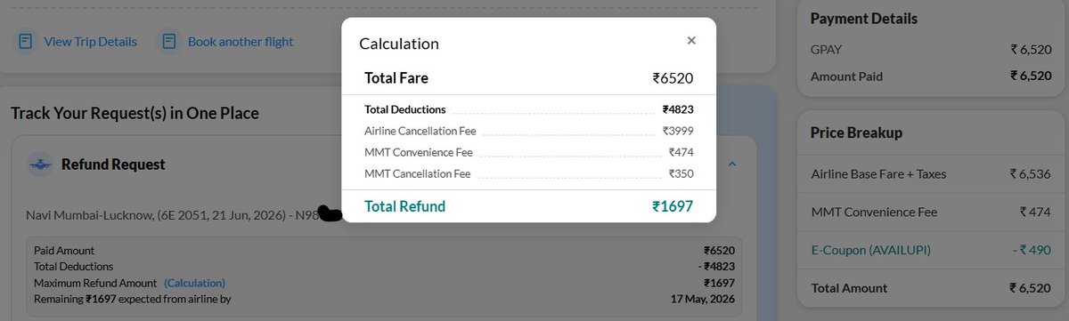 Pratiyushv's tweet photo. Very disappointing experience with @makemytrip regarding my booking for @IndiGo6E flight 6E 2051 from Navi Mumbai to Lucknow scheduled on 21 June 2026 from 6:30 AM to 8:35 AM (PNR: N98***).

I received official communication from IndiGo stating that the flight was cancelled due to operational reasons and that I was eligible for a full refund. After this notification, I initiated cancellation through MakeMyTrip.

Later, IndiGo customer support clearly confirmed that:
• The flight was cancelled by the airline
• Full refund was processed to the travel agent (MakeMyTrip)
• No airline cancellation charges were deducted
However, MakeMyTrip deducted ₹3999 as airline cancellation fee and refunded only ₹1697.
This was NOT a voluntary passenger cancellation. The cancellation happened only because the airline itself cancelled the flight.
If IndiGo has already transferred a full refund to MakeMyTrip, why are airline cancellation charges being deducted from the customer?

Requesting @makemytrip and @makemytripcare to review the case and process the correct refund immediately.

@DGCAIndia  @jagograhakjago 

#MakeMyTrip #IndiGo #FlightCancelled #ConsumerRights #CustomerExperience