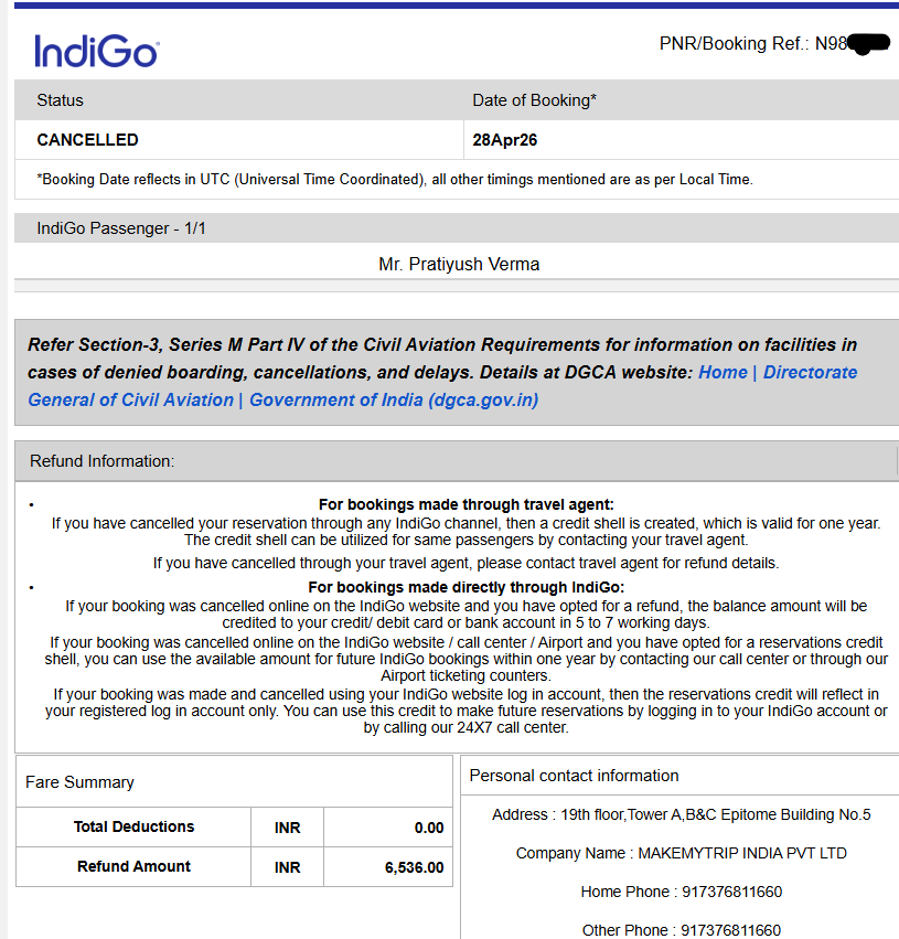 Pratiyushv's tweet photo. Very disappointing experience with @makemytrip regarding my booking for @IndiGo6E flight 6E 2051 from Navi Mumbai to Lucknow scheduled on 21 June 2026 from 6:30 AM to 8:35 AM (PNR: N98***).

I received official communication from IndiGo stating that the flight was cancelled due to operational reasons and that I was eligible for a full refund. After this notification, I initiated cancellation through MakeMyTrip.

Later, IndiGo customer support clearly confirmed that:
• The flight was cancelled by the airline
• Full refund was processed to the travel agent (MakeMyTrip)
• No airline cancellation charges were deducted
However, MakeMyTrip deducted ₹3999 as airline cancellation fee and refunded only ₹1697.
This was NOT a voluntary passenger cancellation. The cancellation happened only because the airline itself cancelled the flight.
If IndiGo has already transferred a full refund to MakeMyTrip, why are airline cancellation charges being deducted from the customer?

Requesting @makemytrip and @makemytripcare to review the case and process the correct refund immediately.

@DGCAIndia  @jagograhakjago 

#MakeMyTrip #IndiGo #FlightCancelled #ConsumerRights #CustomerExperience