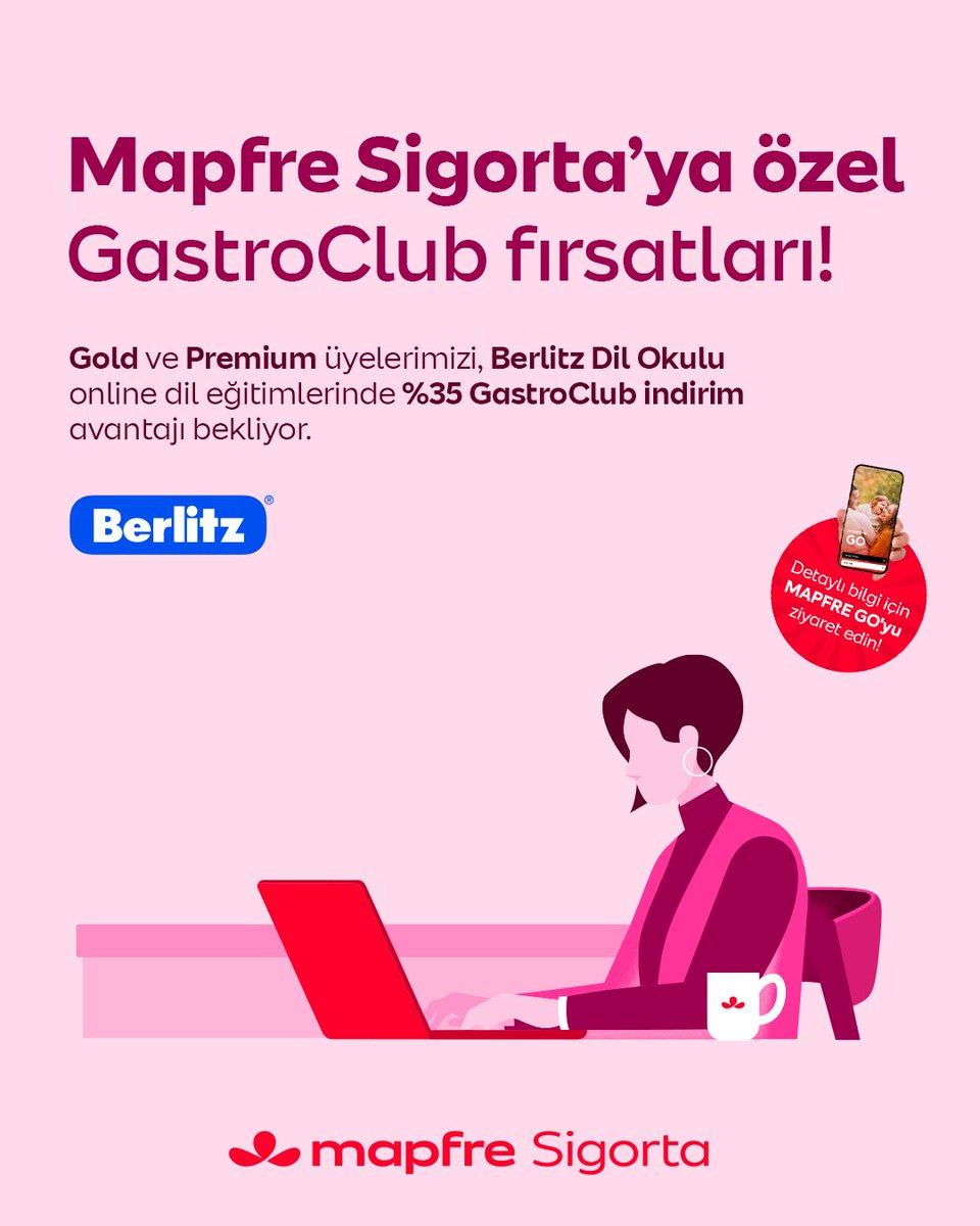 mapfresigorta's tweet photo. Yeni bir dil öğrenmenin tam zamanı 👍

Mapfre Sigorta Gold ve Premium müşterilerine özel, Berlitz Dil Okulu’nun online eğitimlerinde avantajlar seni bekliyor.
İngilizce’den İspanyolca’ya birçok dilde, dilediğin yerden öğrenmeye başla.

Mapfre Sigorta’ya özel GastroClub ayrıcalıklarını keşfetmek için Mapfre Go mobil uygulamamızı ziyaret edebilirsin. 📲 

#MapfreSigorta #GastroClub #DilEğitimi
