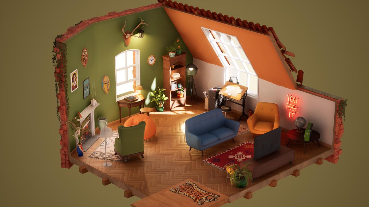 HozyGame's tweet photo. Yvonne on Discord shared this lovely screenshot of The Attic - we love how they've painted the walls 🧡💚

#MakeItHozy https://t.co/9Xrk6gYc2C