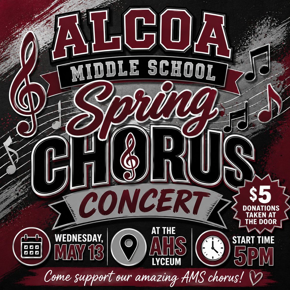 AlcoaMiddle's tweet photo. 🎶 Join us for an evening of music and talent at the Alcoa Middle School Spring Chorus Concert! 🎶

Our AMS chorus students have worked incredibly hard and are excited to share their amazing performances with the community! Come out and support these talen https://t.co/832AAmeNxh