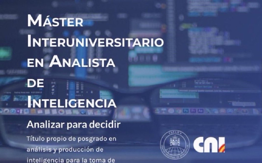 CatedraInt's tweet photo. Máster Interuniversitario en analista de Inteligencia. Universidades URJC y UC3M y la colaboración del CNI. Pioneros en la formación en inteligencia. 

- Análisis de inteligencia 
- Ciberinteligencia
- Inteligencia Competitiva. 

Información en: https://t.co/FDcxBss1FI https://t.co/9giHfA914E