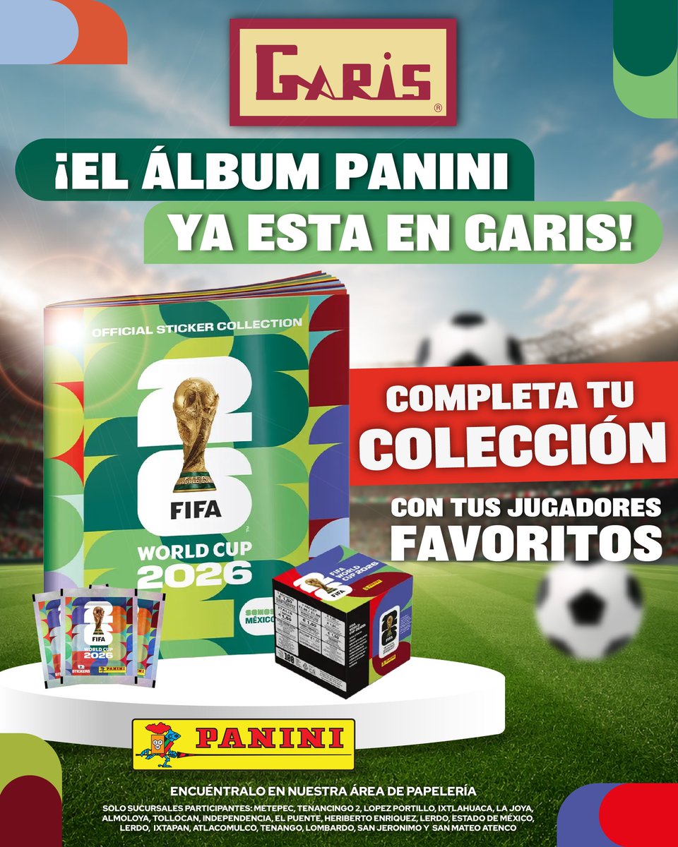 SCGaris's tweet photo. Si aún no tienes tu álbum Panini ⚽📖
¡Encuéntralo ya en tu tienda favorita GARIS! 🛒✨
Completa tu colección con tus jugadores favoritos, intercambia estampas y vive la emoción del fútbol en cada página 🏆🔥
¡Te esperamos! 
#descuentos #promociones #garis #albumpanini #fifa https://t.co/XnfQhskGfA
