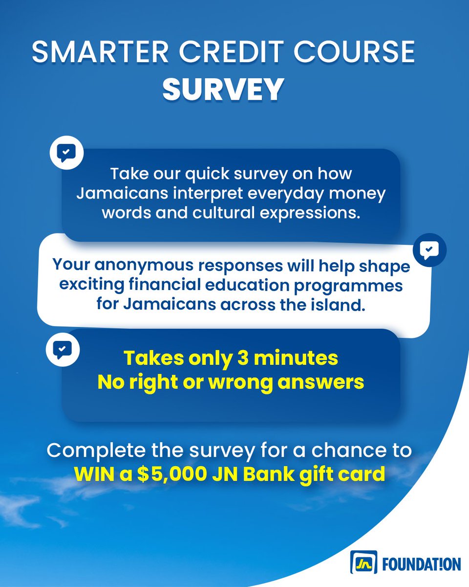 JNFoundation's tweet photo. Money talk means different things to different Jamaicans. Take our quick survey and help shape future financial education programmes.

Link: https://t.co/T9NcvPM9Xn

Complete the survey for a chance to WIN a $5,000 JN Bank gift card!
#JNFoundation #Survey https://t.co/Nw8eqOKLZl