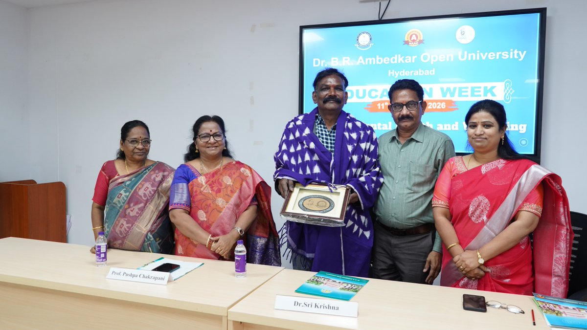 braouofficial's tweet photo. MENTAL HEALTH AND HUMAN RIGHTS ARE THE FOUNDATION HUMAN PROGRESS
-: Dr. Sri Krishna, Psychologist
• BRAOU organized awareness program on “Mental Health and Wellbeing”

Hyderabad, May 12, 2026: Dr. B. R. Ambedkar Open University celebrating "Education Week" on “Innovation Inclusion, Institutional Excellence and Outreach”  from May 11 to 17, 2026 at the university campus. As a part of this the university organized awareness program “Mental Health and Wellbeing” on Tuesday. 
Dr. Sri Krishna, Clinical Psychologist, Hyderabad attended as guest speaker for the program. Dr. Sri Krishna delivered a lecture on “Mental Health and Wellness”. He stated that mental health serves as the foundation for human rights, as well as for social and economic progress. He explained that psychologists strive to alleviate distress and foster mental resilience in every individual within society whenever they experience anxiety or face difficulties. He noted that understanding one's emotions in healthy ways depends on factors such as self-confidence, a sense of purpose, resilience, and personal growth. Furthermore, he explained that individuals can proactively prevent health and mental issues by ensuring adequate sleep, maintaining a nutritious diet, and engaging in regular physical exercise.
Prof.G. Pushpa Chakrapani, Director Academic Preside over the program. Prof. Pallavi Kabde, Dean, Social Sciences; Prof. Rabindranath Solomon OSD to VC; Prof.I.Anand Pawar; Prof.P.Venkata Ramana; Prem Kumar, President NTEA, Directors, Deans, Head of the branches, university employees, students were participated in the program.