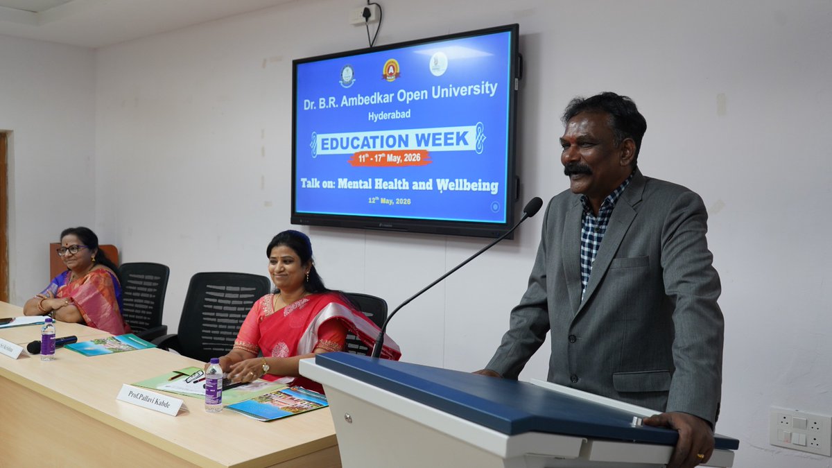 braouofficial's tweet photo. MENTAL HEALTH AND HUMAN RIGHTS ARE THE FOUNDATION HUMAN PROGRESS
-: Dr. Sri Krishna, Psychologist
• BRAOU organized awareness program on “Mental Health and Wellbeing”

Hyderabad, May 12, 2026: Dr. B. R. Ambedkar Open University celebrating "Education Week" on “Innovation Inclusion, Institutional Excellence and Outreach”  from May 11 to 17, 2026 at the university campus. As a part of this the university organized awareness program “Mental Health and Wellbeing” on Tuesday. 
Dr. Sri Krishna, Clinical Psychologist, Hyderabad attended as guest speaker for the program. Dr. Sri Krishna delivered a lecture on “Mental Health and Wellness”. He stated that mental health serves as the foundation for human rights, as well as for social and economic progress. He explained that psychologists strive to alleviate distress and foster mental resilience in every individual within society whenever they experience anxiety or face difficulties. He noted that understanding one's emotions in healthy ways depends on factors such as self-confidence, a sense of purpose, resilience, and personal growth. Furthermore, he explained that individuals can proactively prevent health and mental issues by ensuring adequate sleep, maintaining a nutritious diet, and engaging in regular physical exercise.
Prof.G. Pushpa Chakrapani, Director Academic Preside over the program. Prof. Pallavi Kabde, Dean, Social Sciences; Prof. Rabindranath Solomon OSD to VC; Prof.I.Anand Pawar; Prof.P.Venkata Ramana; Prem Kumar, President NTEA, Directors, Deans, Head of the branches, university employees, students were participated in the program.