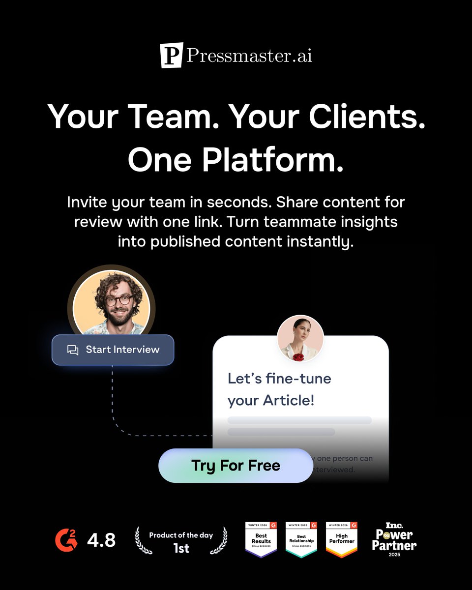 Pressmaster_ai's tweet photo. Running a content agency means managing clients, briefing your team, reviewing posts, and chasing approvals every single day.

https://t.co/cisYs4zUXt ends that loop.

Invite your team in seconds. Share content for review with one link. Turn teammate insights into published content instantly with always-on AI Agents handling the heavy lifting for every client.

G2 rated 4.8. Product of the Day. Inc. Power Partner 2025.

The platform your agency has been waiting for.

→ Start your risk-free 7-day trial: https://t.co/hNhlVwvUVF