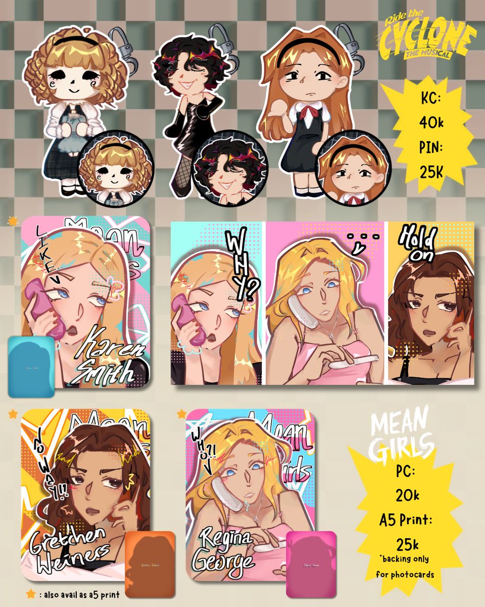 vaekaede's tweet photo. Kae's #CF22 Catalogue!
(❤ &amp; 🔁 very appreciated) 

🗓: Both days, 16-17
‼️: K-48 USS
🌟: OTS ONLY

Heathers the musical, ride the cyclone, mean girls

#comifurocatalogue #comifuro22 https://t.co/Nsh6cuKCNa