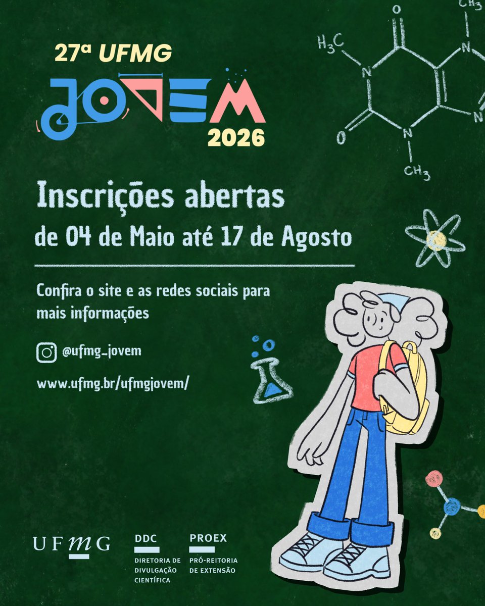 extensaoufmg's tweet photo. 🚀 Estão abertas as inscrições para a 27ª UFMG Jovem!

📚 Professores, professoras e estudantes da educação básica já podem submeter seus trabalhos e participar de uma das mais tradicionais feiras de ciências do país.✨

👨‍💻Se inscreva: https://t.co/8EWA3rfbgY

#ExtensaoUFMG https://t.co/iGchMFbdDV