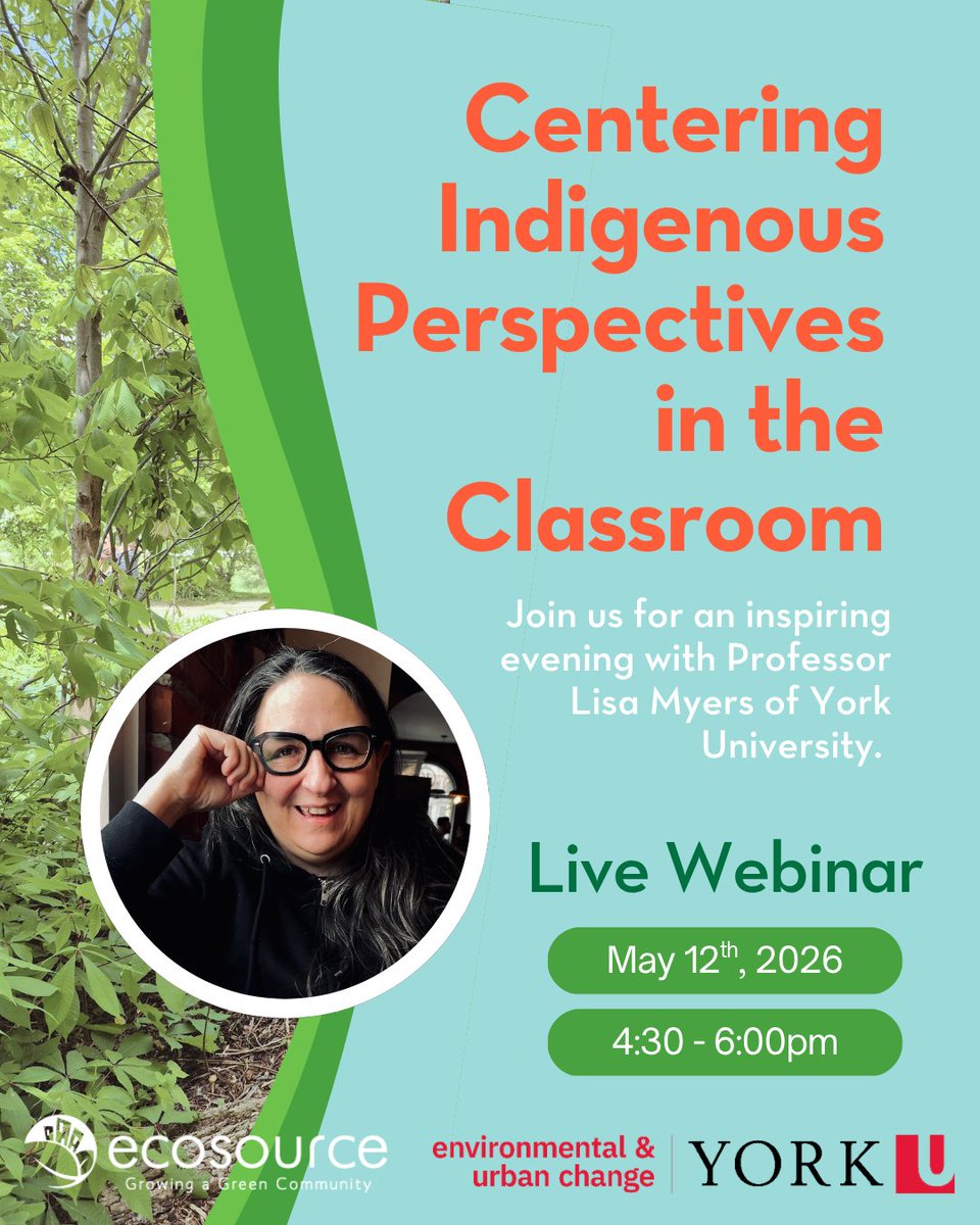 EcosourceGreen's tweet photo. Happening today! Join us for a discussion with Prof. Lisa Myers of York University.
This session will offer educators different approaches &amp; content to move students beyond simplified or romanticized ideas of Indigenous relationships to land. https://t.co/9oczCh6kKX
@YorkUEUC https://t.co/bkAnWFzlrd