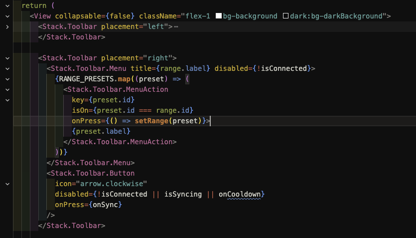 imeronn's tweet photo. You need to put both items as children of a single <Stack.Toolbar placement="right"> block. That's what gives you two buttons side by side. The common mistake when only getting one button is using two separate <Stack.Toolbar placement="right"> wrappers instead of nesting both inside one.