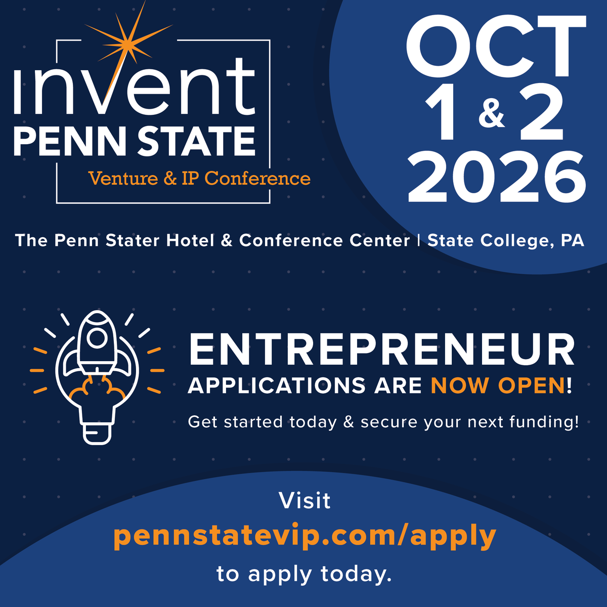 penntap's tweet photo. Startups, want to pitch in front of top-tier investors?
Applications for Venture Connection at the 2026 @InventPennState Venture &amp; IP Conference are now open! Applications are open to any capital-seeking startup. Apply: https://t.co/8i2vQsMKNE
#StartupFunding #PennState https://t.co/rhAzLNYCDO