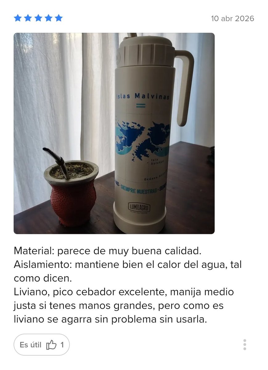 Atención materos! 🧉🇦🇷 Miren la joyita que apareció con descuento.
Es el Termo Pampa Luminox edición Malvinas (1L).
<a href="/LumilagroArg/">Lumilagro Oficial</a>
 Según las reseñas de los que ya lo compraron, es re liviano, el pico cebador es un 10 y mantiene el agua hirviendo por horas. Básicamente, el ya