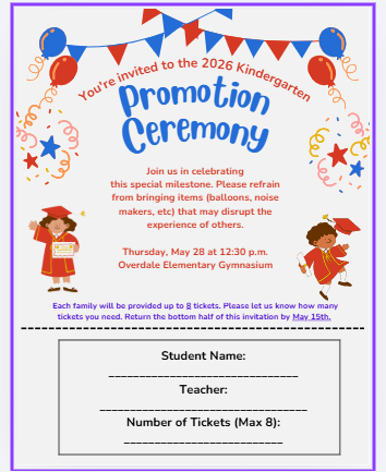 OESMustangs's tweet photo. Please read the flyer regarding our Kindergarten Promotion. We kindly ask that your ticket count is in by this Friday, May 15th. If you need another flyer or have questions, please reach out to your student's teacher. https://t.co/RlKWXqp4yx