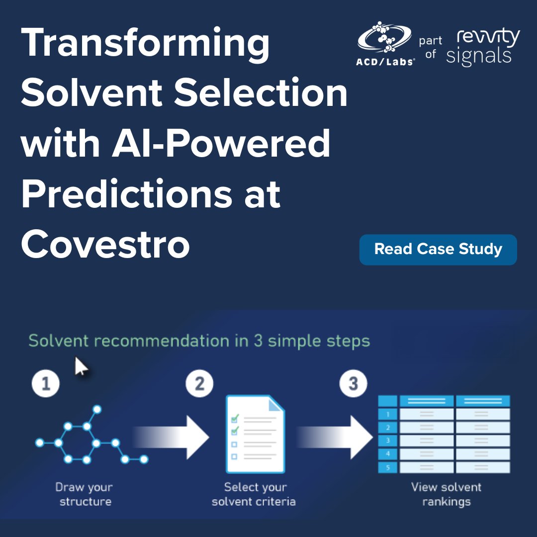 ACDLabs's tweet photo. The future of solvent selection is predictive.

With AI-powered solvent recommendations, Covestro unlocked broader exploration, faster insights, and more collaborative workflows. Explore the full case study: https://t.co/2v2qcDDfnw

#AI #DigitalTransformation https://t.co/Qb7R0nGBp6