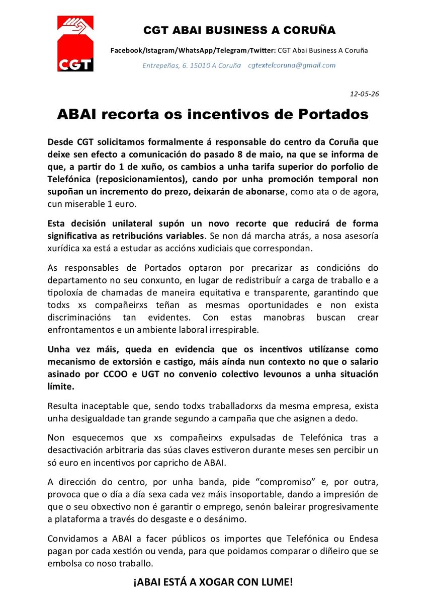 CGTEXTEL's tweet photo. As decisións do @GroupAbai van dirixidas a recortar dereitos laborais e salariais. Sempre pretende “igualar” por abaixo, en lugar de garantir que todas teñamos as mesmas condicións de partida. 

Desde a CGT esixímoslle á responsable da Coruña que rectifique 👇🏼 https://t.co/TmDEJ4YmeE
