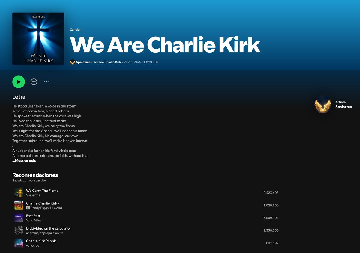 rubengherrera's tweet photo. Uno de los casos más sonados del cáncer de la actual #IndustriaMusical es que Spotify se ha negado a borrar contenido musical generado por IA con la voz de Charlie Kirk, que llegó a Nº1 por viralidad en 2025. https://t.co/pF4NXdnjsM
