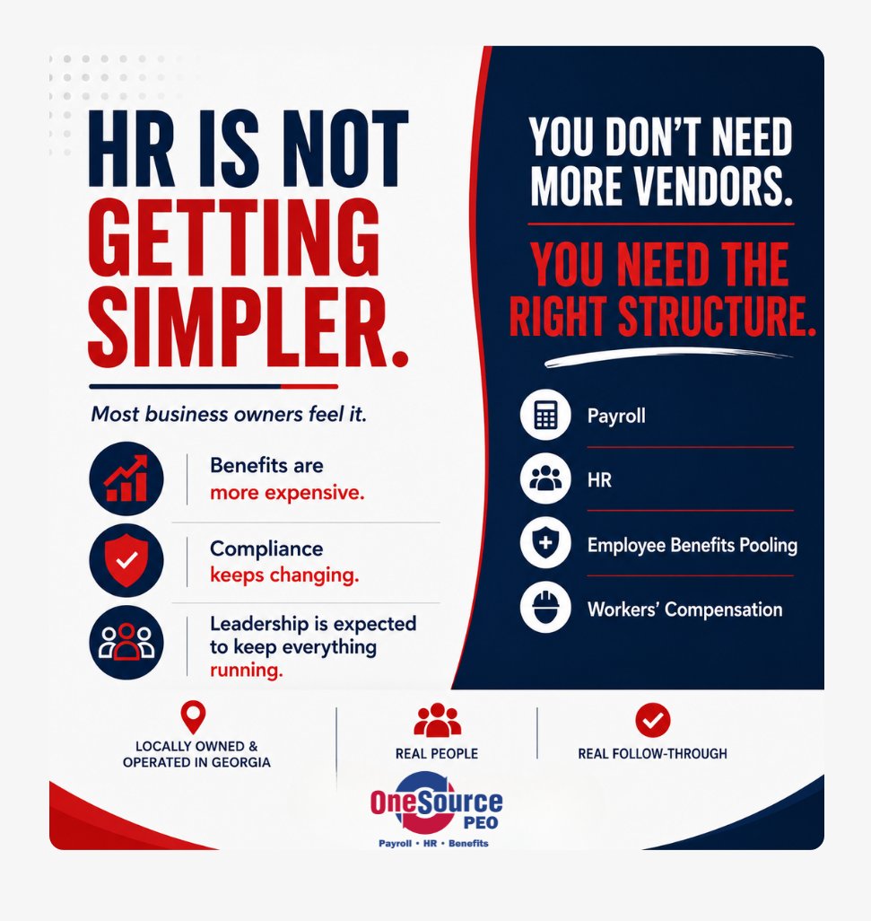 OneSourcePEO's tweet photo. 🚨 HR is not getting simpler.

And most business owners feel it.

Benefits are more expensive.
Compliance keeps changing.
Payroll still has to be right.
Workers’ comp still has to be managed.
Employee questions still need answers.

And somehow… leadership is still expected to keep everything moving without missing a beat. 🤯

That is where the pressure builds.

Not because the business is doing something wrong.

Because the setup that worked a few years ago may not be strong enough for where the business is now.

That is the part a lot of companies miss.

They do not always need more vendors.
They need the right structure.

At OneSource PEO, we help businesses bring payroll, HR, employee benefits pooling, workers’ compensation, compliance, and dedicated support together in one coordinated model.

📍 Locally owned and operated in Georgia
🤝 Real people
✅ Real follow-through
💬 Real support when the moving pieces start stacking up

Take a closer look at how your current setup is supporting your business.

📞 (470) 253-7120 🌐 https://t.co/R3804s9MHe

#HRStrategy #EmployeeBenefits #BusinessGrowth #SmallBusiness #PEO