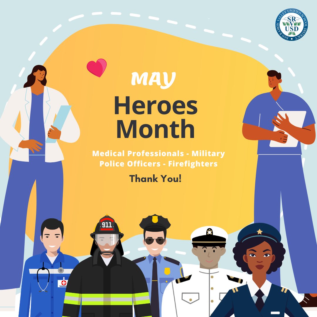 SRVUSD1's tweet photo. In May we honor those in our community who serve and protect. To our police officers, firefighters, military personnel, and medical professionals - thank you for keeping our community safe, healthy and strong. We are grateful for your selflessness and service. #WeAreSRVUSD https://t.co/IhEI4f5V8F