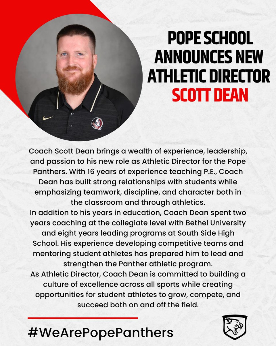 pope_school's tweet photo. 🐾We are PANTHER PROUD to announce Pope's new ATHLETIC DIRECTOR, Scott Dean! His committment the PANTHER FAMILY is unmatched. Congratulations, COACH!🐾 #WeArePopePanthers #Since1909 https://t.co/9GXHS29TFa
