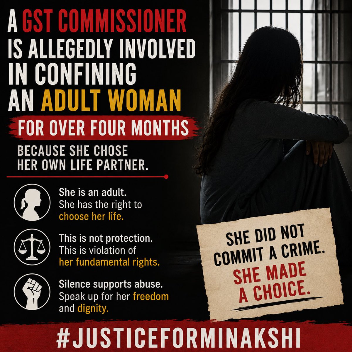 TheAyushDev's tweet photo. A GST Commissioner’s alleged involvement in the confinement of an adult woman over her marriage choice raises serious questions about freedom and women’s rights.
A personal decision should never lead to isolation. #JusticeForMinakshi
@DelhiPolice @NCWIndia @FinMinIndia @MinistryWCD @DCWDelhi