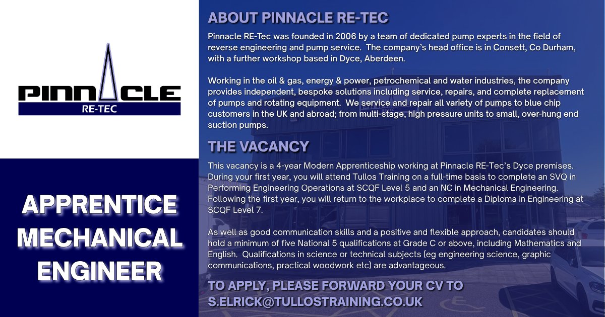 tullostraining's tweet photo. Our apprentice employer @PinnacleREtec is #recruiting🚨

🔧 Apprentice #MechanicalEngineer

To apply, send your CV to s.elrick@tullostraining.co.uk 📩 

🗓️Deadline: 9th June 2026

#EarlyCareers #Training #Aberdeen https://t.co/TnOM0om4KT