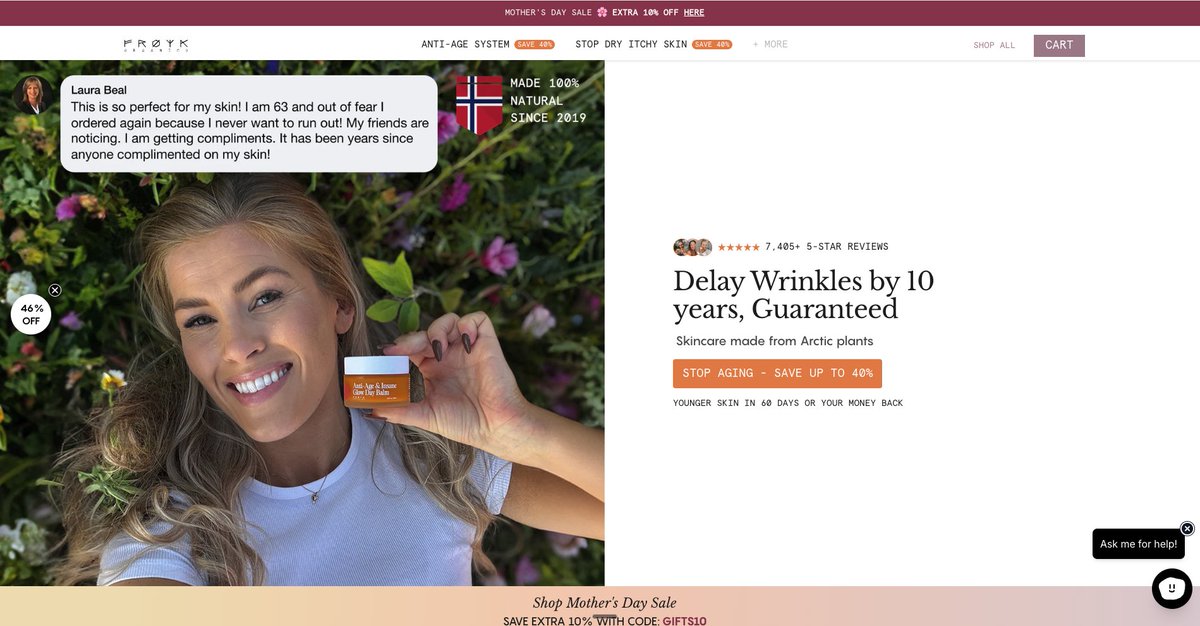 LachezarVoynov's tweet photo. This is one of the strongest Landing Pages the DTC market has ever seen

this is 200+ IQ marketing

Froya Organics, you’re doing it right!

Let’s break it down: 👇

You can access it via this link here: https://t.co/sx9iNIzS1T

Here’s why this LP is a conversion machine:

1. Outcome-first Hero section

The LP starts with the ultimate desire of the target customer. Delay wrinkles.

It then immediately adds a risk reversal to remove the biggest fear in the skincare industry - the fear that the product won’t work.

2. Authority & Proof

All the logos from trusted institutions build proof that this product is legit. 

3. More proof

They continue with more proof using Before & After transformations from people of all ages.

Females from 36 to 74 have all seen great results which handles an objection in real time: “I am X year old, would it work for me too because I am older/younger)

4. Timeline of results

Again, this is something extremely relevant for skincare products: When am I going to start seeing results from this?

This part also manages customer expectations, should help in reducing churn, and encourages the user to commit to a long-term routine, which increases LTV. 

5. Clinical validation

aka MORE PROOF. They’ve done a great job so far selling the transformation, and this part is perfect for the people who need a logical buy-in before they commit.

The LP then continues with:

- the offer
- founder-story
- explanation of the unique mechanism
- more social proof

Notice how their core offer is a 2-month supply.

This is one of the smartest things you can do as a DTC brand because you allow people enough time to create a habit of using your product rather than giving them a 30-day supply and hoping they will come back to you for more.

30 days are not enough for you to create a habit.

That’s why brands such as IM8 even sell a 3-month supply.