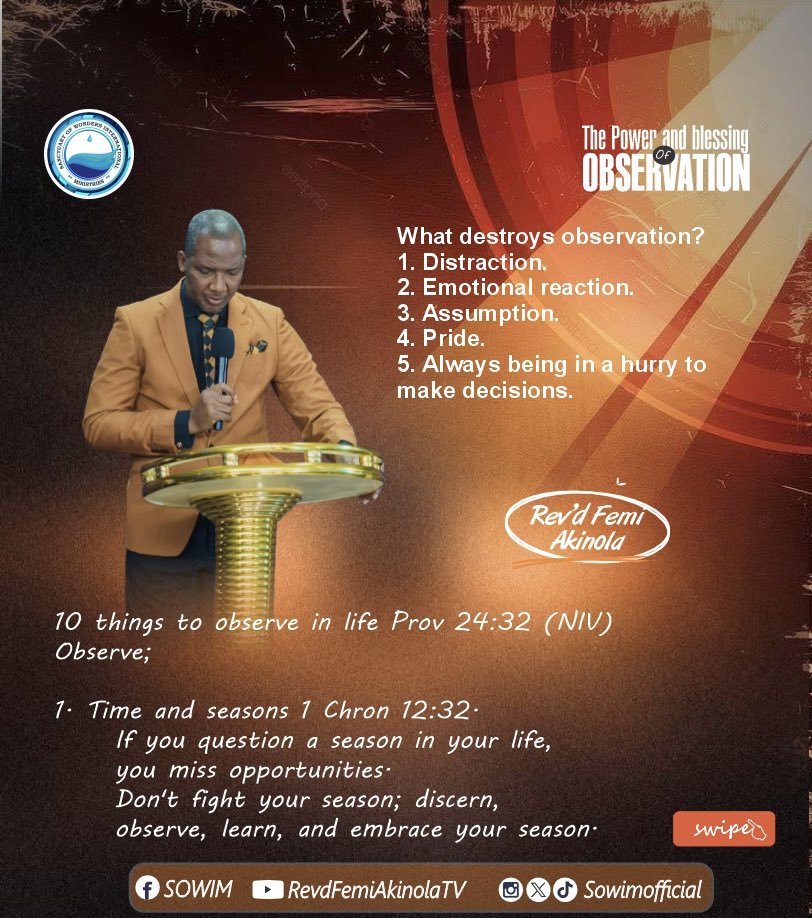 SowimOfficial's tweet photo. Sermon notes from our Sunday Service.
Swipe through for a reminder
Don’t miss Our Breakthrough Service tomorrow by 7am.
Watch the full sermon by rebroadcast on YouTube via: RevdFemiAkinolaTV
#SOWIM #RevdFemiAkinola #SermonNotes https://t.co/0cfjdl6wVO