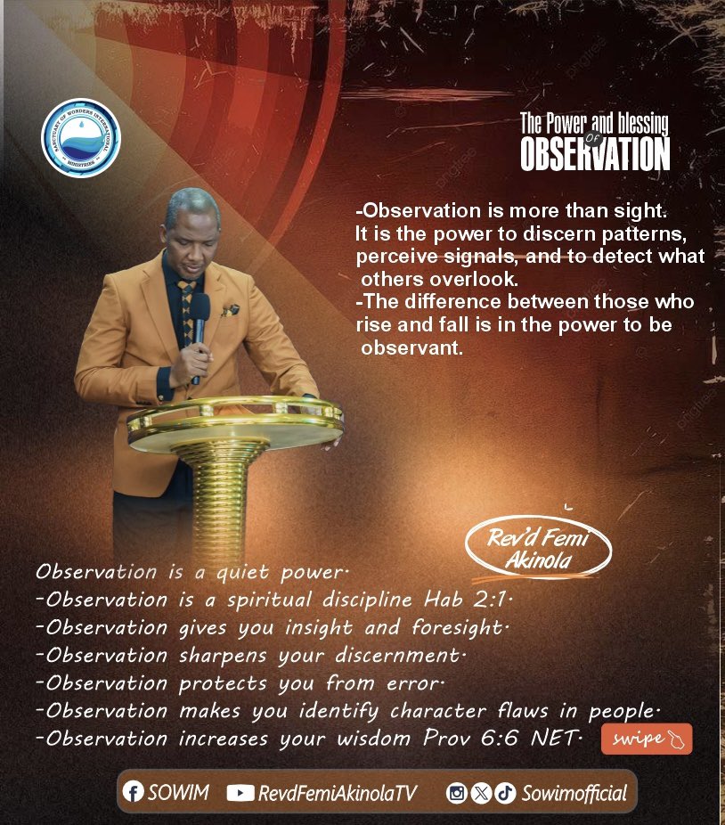 SowimOfficial's tweet photo. Sermon notes from our Sunday Service.
Swipe through for a reminder
Don’t miss Our Breakthrough Service tomorrow by 7am.
Watch the full sermon by rebroadcast on YouTube via: RevdFemiAkinolaTV
#SOWIM #RevdFemiAkinola #SermonNotes https://t.co/0cfjdl6wVO