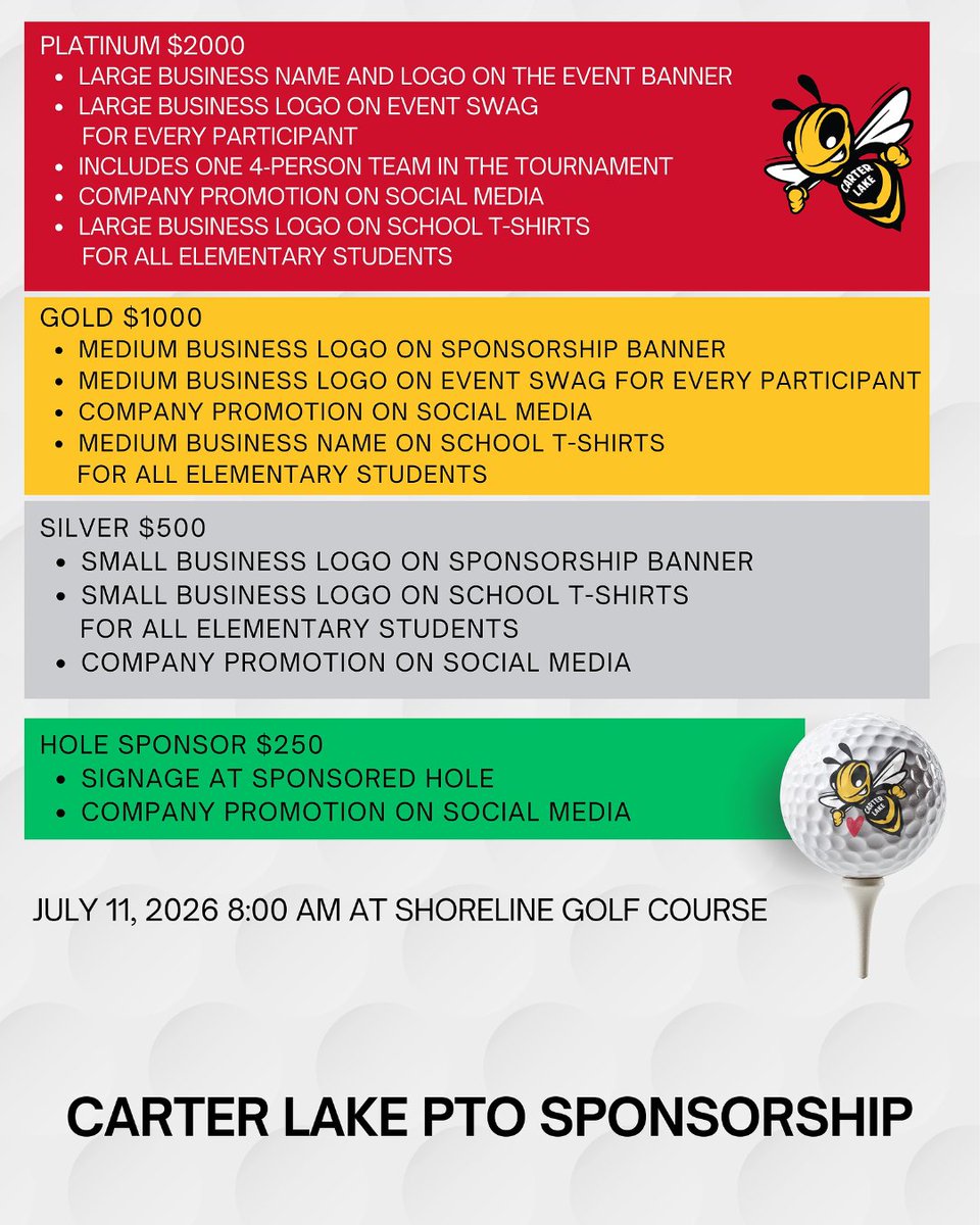 CLMightyJackets's tweet photo. 🐝⛳ Support Carter Lake Students &amp; Promote Your Business! ⛳🐝
The Carter Lake Elementary PTO Golf Tournament is coming up on July 11, 2026, and we are looking for amazing community sponsors!
Your sponsorship helps support:
📚 Classroom needs
🎉 Student activities https://t.co/SOFU74NF6N