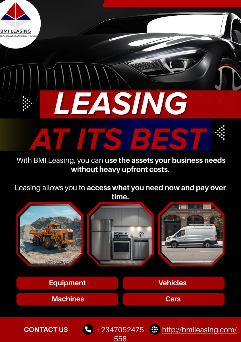 BmiLeasing's tweet photo. Business dreams don’t have to die because of asset costs.

Leasing puts equipment in your hands without starving your cash reserves.

Let’s keep the vibe and the business moving.

#LeasingLife #leasing #assetfinancing #RelatableFinance https://t.co/1zTahSeeZ3
