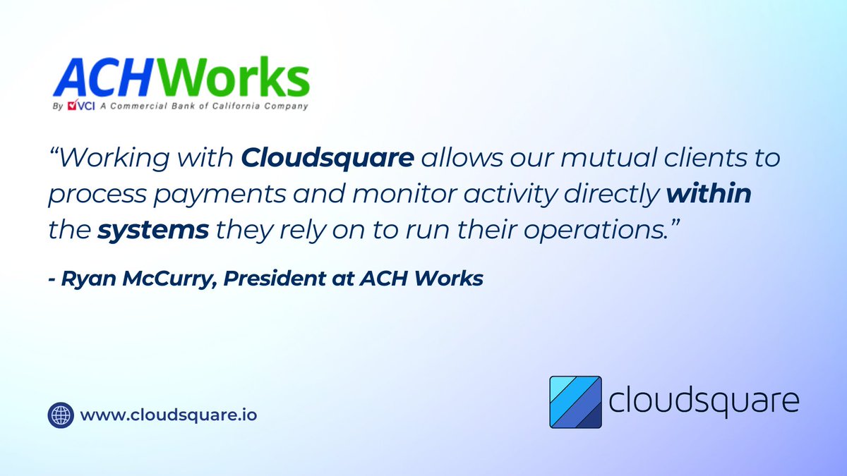 Cloudsquare_'s tweet photo. Cloudsquare + @achworks 🤝

Still double checking your ACH provider’s portal to confirm payments?

Bring payments into your workflow and rely on a single source of truth. Less reconciliation. More control 📈

👉 https://t.co/Grc1pxU3nU

#Fintech #Lending #Payments #Salesforce https://t.co/2fTVSGlb12