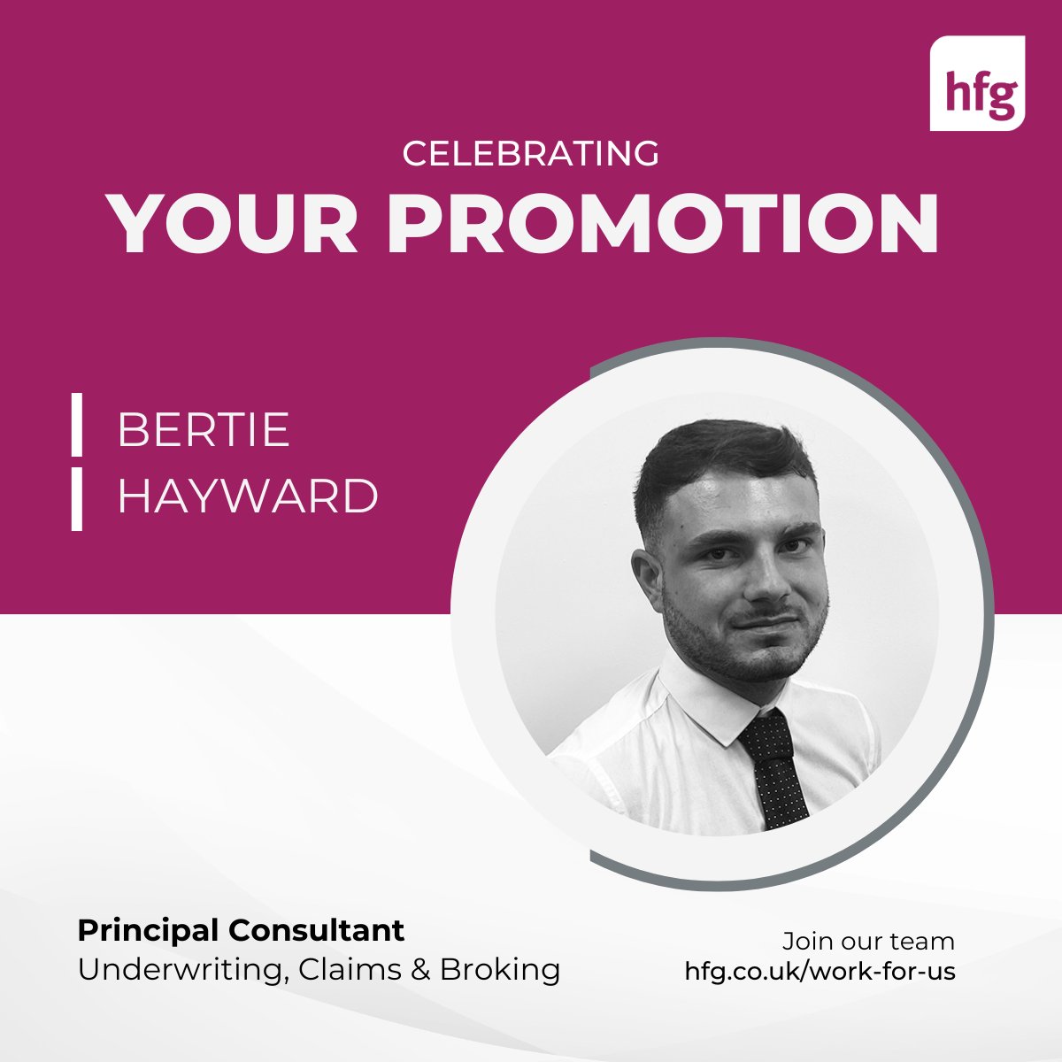 HFGInsuranceRec's tweet photo. Congratulations to Bertie Hayward on his promotion to Principal Consultant👏

Since joining our Underwriting, Claims &amp; Broking team, Bertie has shown fantastic progression &amp; become an important part of the business.

A well-deserved promotion. Congratulations Bertie! 🎉

#HFGroup https://t.co/DHCwA5W50M