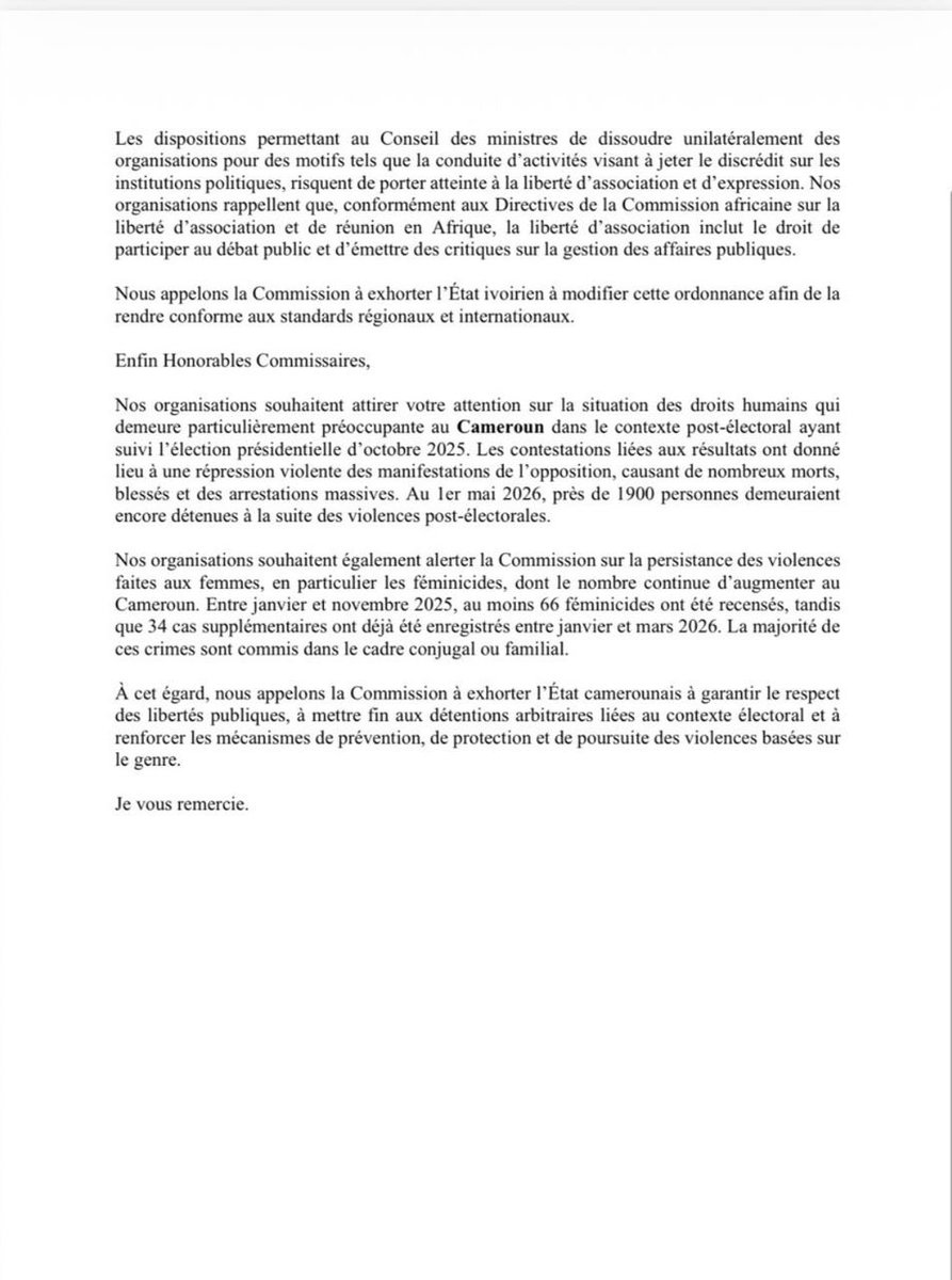 Acatbdi's tweet photo. Aujourd’hui, à #Banjul, lors de la 87ème session ordinaire de l’Commission africaine des droits de l’homme et des peuples, Me @NiyongereArmel  a lu, au nom de la #FIACAT, de l’ACAT-Burundi, de l’ACAT Côte d’Ivoire et de l’ACAT Cameroun, une déclaration orale au titre du point 4 relatif à la situation des droits humains en #Afrique.

🇧🇮 Burundi : dénonciation des risques de retours forcés de réfugiés burundais depuis la #Tanzanie dans un contexte marqué par des arrestations arbitraires, des disparitions forcées et des persécutions.

🇨🇮 Côte d’Ivoire : préoccupations liées à l’ordonnance de 2024 sur les ONG, susceptible de restreindre la liberté d’association et l’espace civique.

🇨🇲 Cameroun : alerte sur les violences post-électorales, les détentions massives ainsi que l’augmentation préoccupante des violences basées sur le genre et des féminicides.

La #FIACAT et les #ACAT africaines réaffirment leur engagement en faveur de la protection des défenseur·e·s des droits humains et de la préservation de l’espace civique en #Afrique.
#ACHPR87 #CADHP #DroitsHumains #Afrique #Burundi