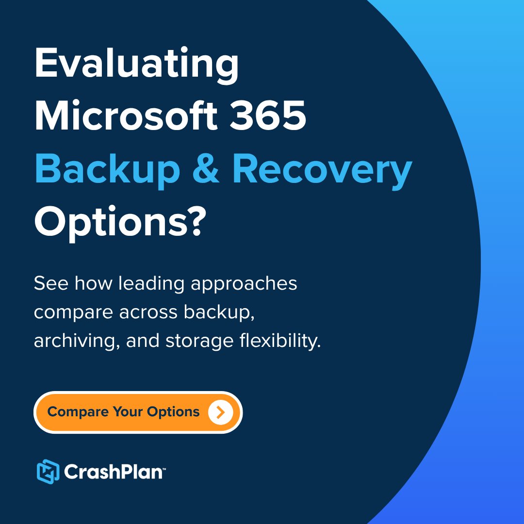 crashplan's tweet photo. Evaluating your options for Microsoft 365 backup and recovery? 🤔 

Today’s backup conversation is about more than recovery alone. Organizations are also rethinking long-term storage growth, data archiving, and how many tools it takes to manage everything effectively.

Here's a breakdown of how vendors in the space compare across backup, archiving, storage flexibility, and unified workflows.

Learn more: https://t.co/960vaU1yUW

#CrashPlan #Microsoft365 #BackupandRecovery