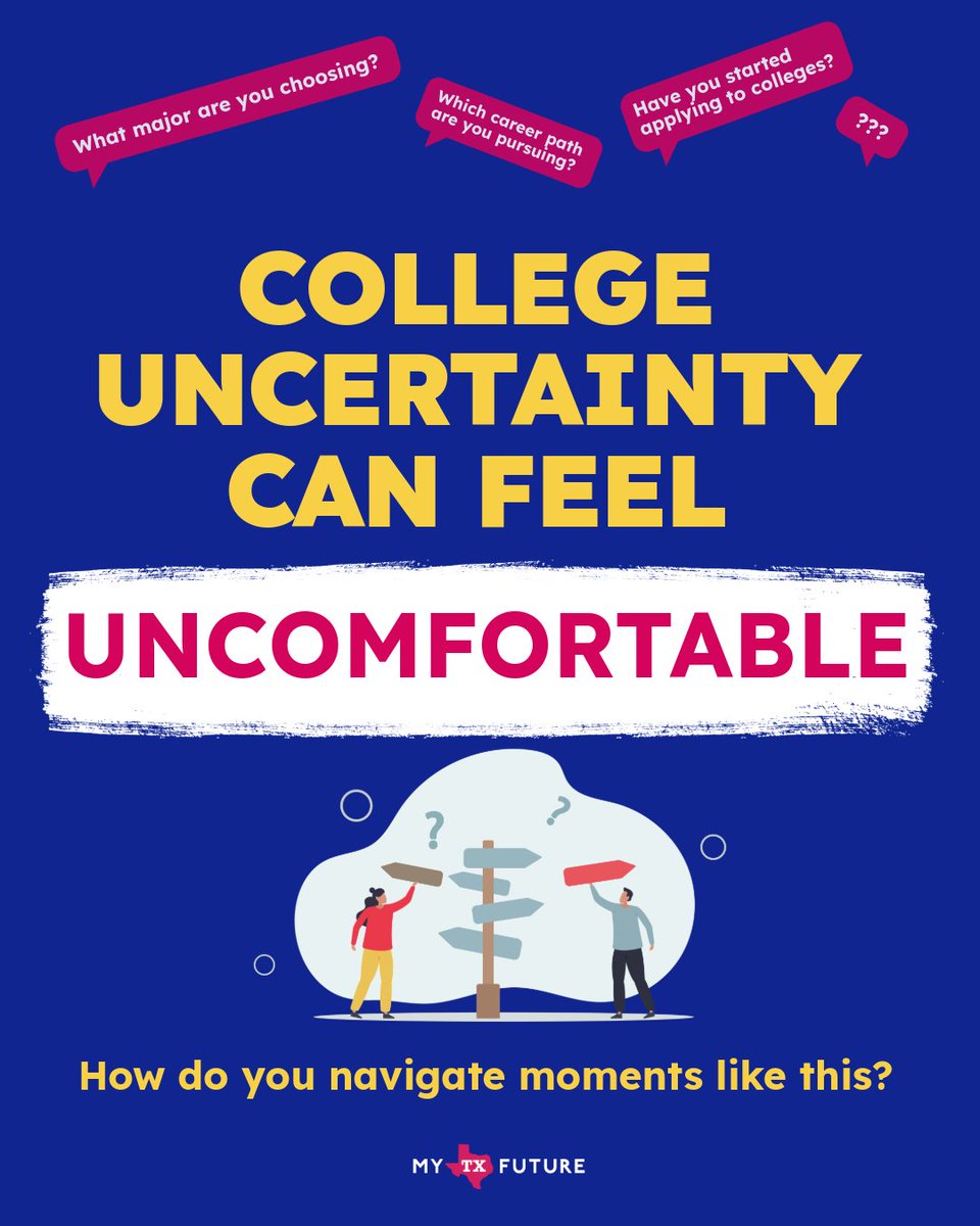 MyTexasFuture's tweet photo. Being unsure about what you're doing after high school is way more common than you think, but that uncertainty isn’t a weakness! The key is to use that space to explore with intention and curiosity instead of rushing into a decision. Map out your steps with #mytexasfuture. https://t.co/0IARLcHeuf