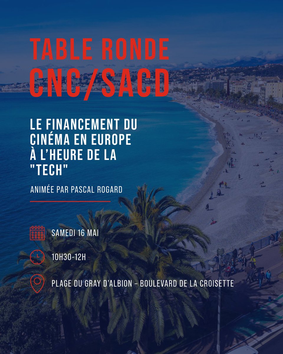 SACDParis's tweet photo. 🎬🌍 TABLE RONDE CNC x SACD 🌍🎬
📍 Plage du Gray d’Albion — Boulevard de la Croisette
📅 16 mai
🕥 10h30 — 12h00

Le financement du cinéma en Europe à l’heure de la "tech" animée par @fandoetlis .🎥💻 https://t.co/X0C73eGhSm