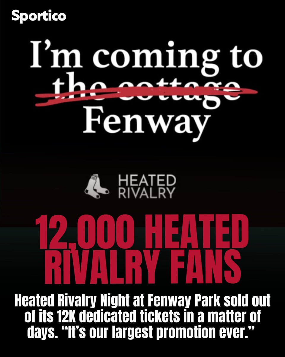 Sportico's tweet photo. The impact of Heated Rivalry is reaching baseball now, too. The @RedSox said Heated Rivalry Night at Fenway Park, which isn't until August 31st, is their largest ticket promotion ever. https://t.co/voji2i99Zg
