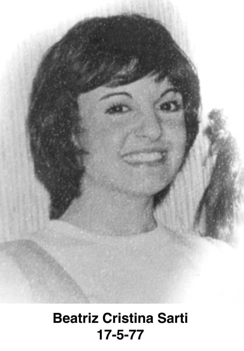 ANPIRomaPosti's tweet photo. Studentessa universitaria e militante nel #PRT,
#BeatrizCristinaSarti,
venne sequestrata a #Lanus,in provincia di #BuenosAires il #17maggio 1977 da un commando dell'esercito argentino.Aveva 22 anni.
Non si hanno testimonianze riguardo ad un suo passaggio presso un #CCD
Scomparsa. https://t.co/14MYZqg5U5