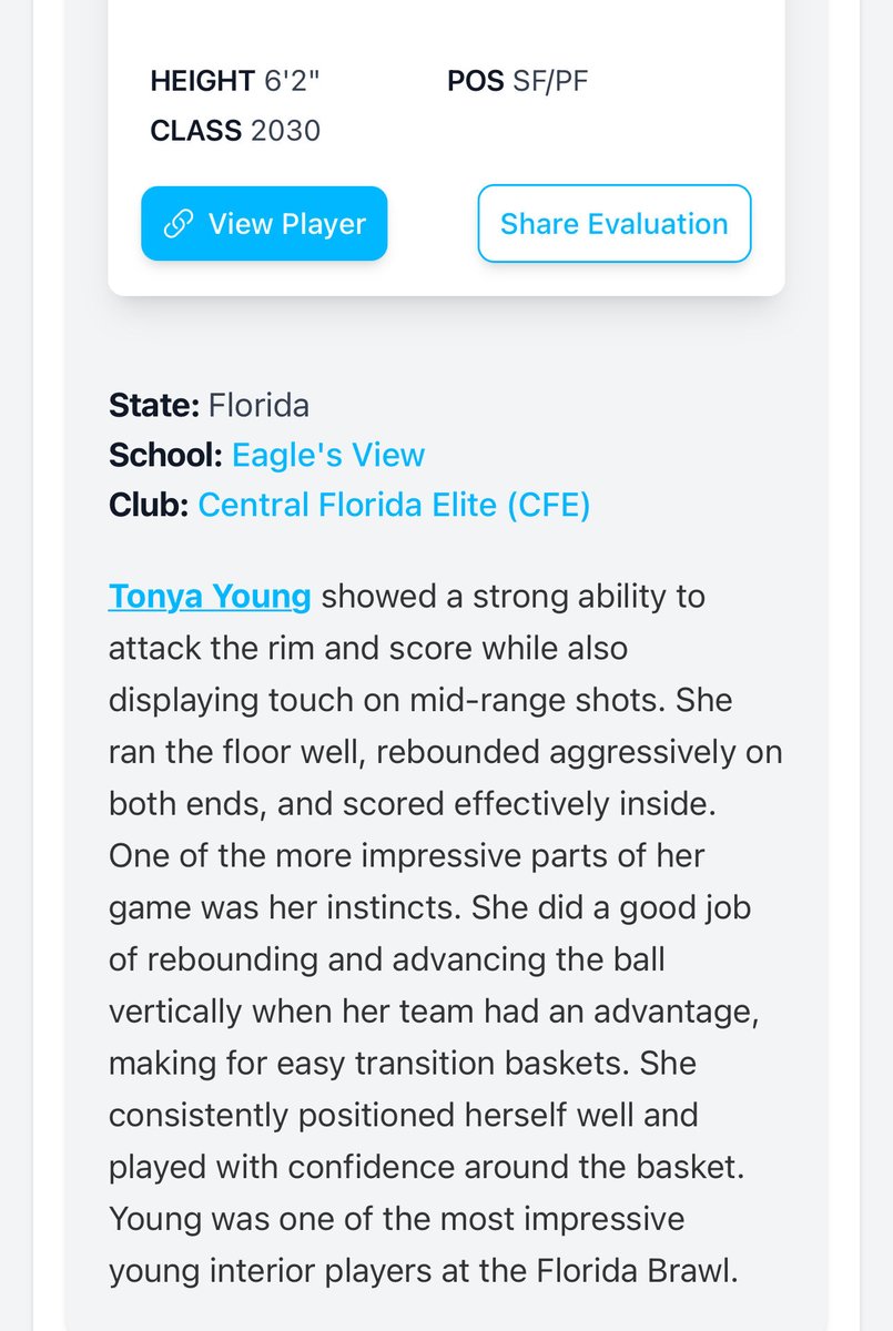 TonyaYoung2030's tweet photo. Thanks for the evaluation!!

#ClassOf2030 #GirlsBasketball #BasketballRecruitment  #FloridaBasketball https://t.co/UlPE848RfC