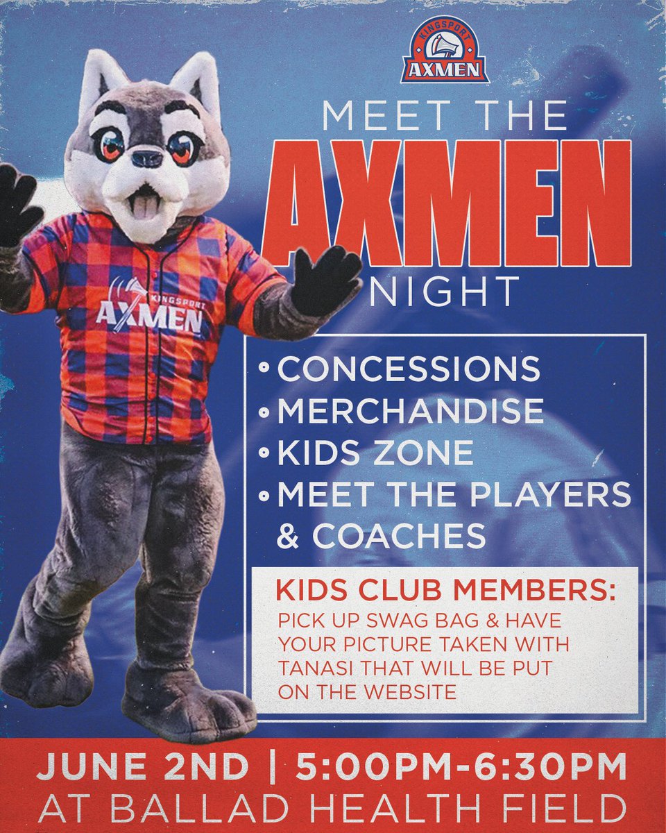 KingsportAxmen's tweet photo. ⚾️ Meet the Axmen before the season starts!

Join us on June 2nd from 5:00PM–6:30PM at Ballad Health Field for a fun-filled evening with the Kingsport Axmen! 🙌

Bring the whole family out and get ready for an unforgettable summer at the ballpark! #MeetTheAxmen #KingsportAxmen https://t.co/MJnFwkVejv