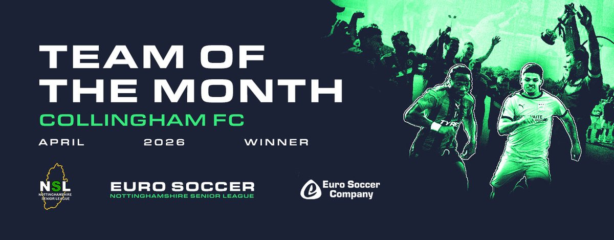 EuroSoccerCo's tweet photo. @NottsSeniorLge Team of the Month 🏅 Congratulations to @CollinghamFC or winning the NSL TOTM for April👏

The side played 7⃣ games in all competitions in April, loosing just once! 

They represented the league in the Nottinghamshire
FA Trophy Final beating Selston FC 1-0 🏆
1/2 https://t.co/kF0hv3KxZI