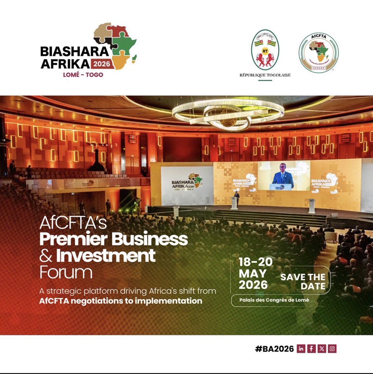 talkmorechidede's tweet photo. REMINDER: Join us at BIASHARA AFRIKA 2026, hosted by the @AfCFTA &amp; the Government of Togo under the patronage of H.E. Faure Essozimna Gnassingbé.

📆 18 - 20 May, 2026
📍Palais des Congrès de Lomé, Togo

Do not forget to register here: https://t.co/vsUlGfqnpR

#BA2026 #AfCFTA https://t.co/HD7pmJnt88