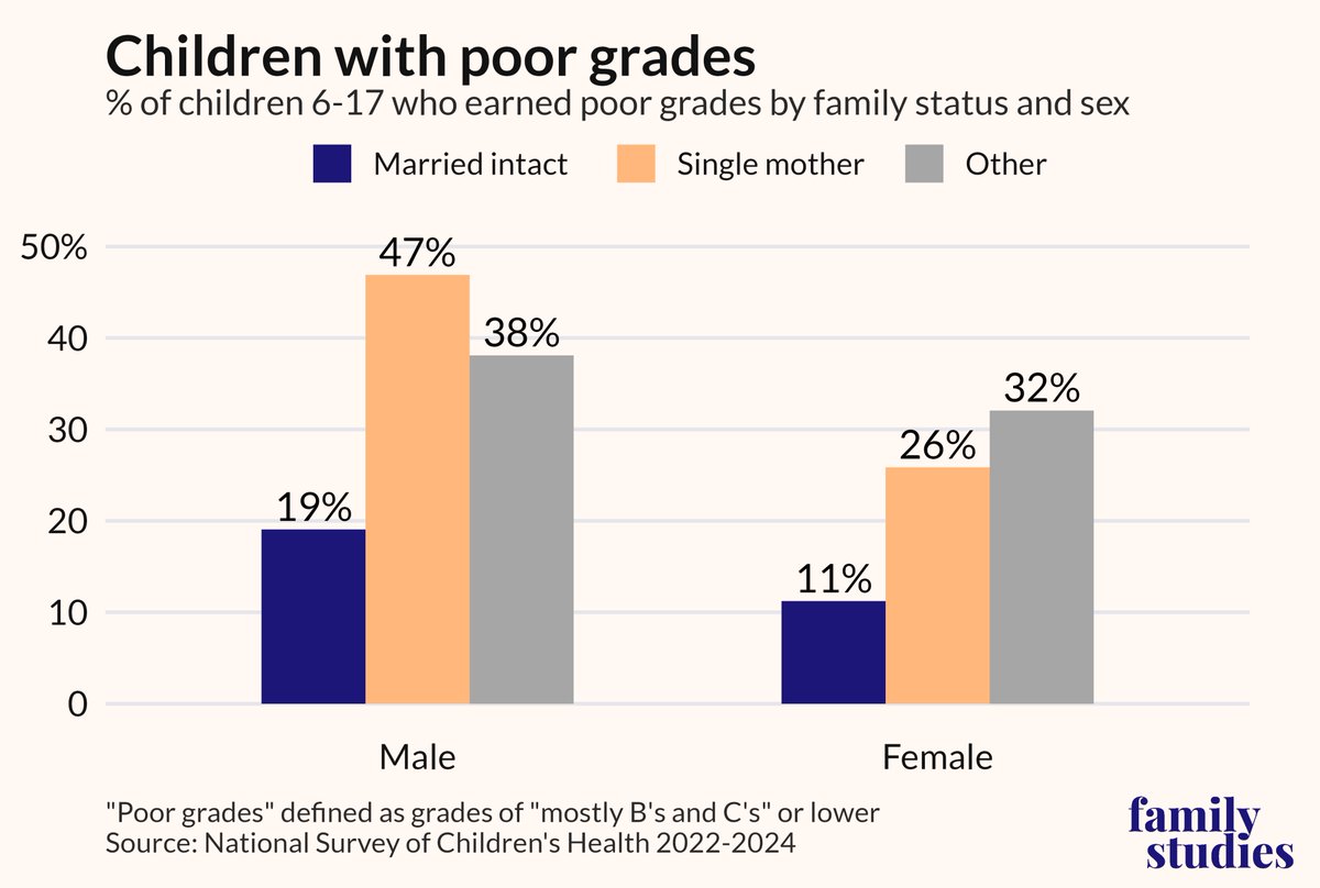 jameslynch32's tweet photo. Children from non-intact families are about 91% more likely to be earning poor grades than children from intact families. This is a profound difference.

@FamStudies @BradWilcoxIFS @grantjbailey @azpolicy https://t.co/8POFFblspK