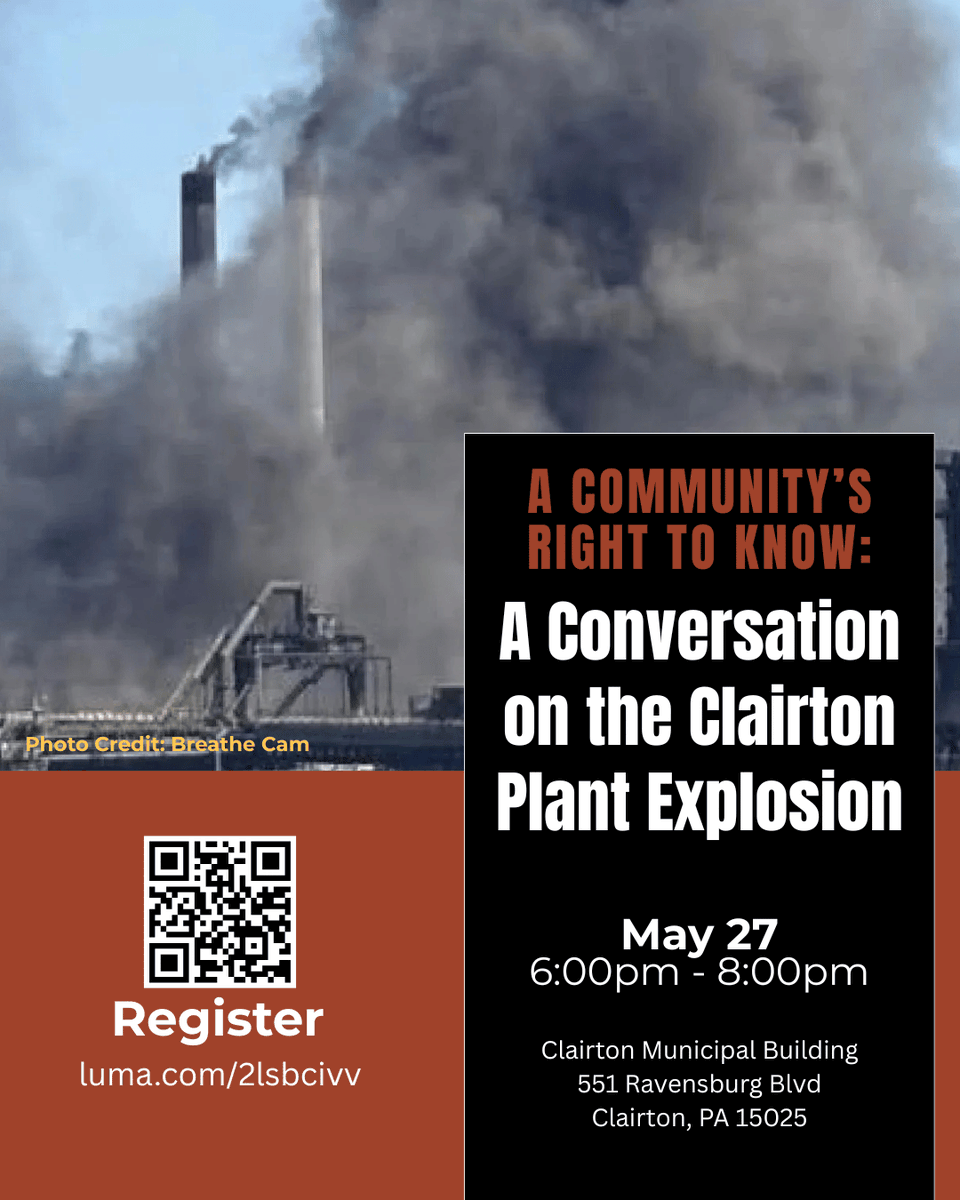 BreatheProject's tweet photo. A Community's Right To Know: A Conversation on the Clairton Plant Explosion.
5/27 from 6:00pm-8:00pm at the Clairton Municipal Building.  Hear directly from the experts, ask your questions, learn more, and have dinner. Register here: https://t.co/AVYSdAIlCg @GASPPgh @412Justice https://t.co/AoDJfoT9DG