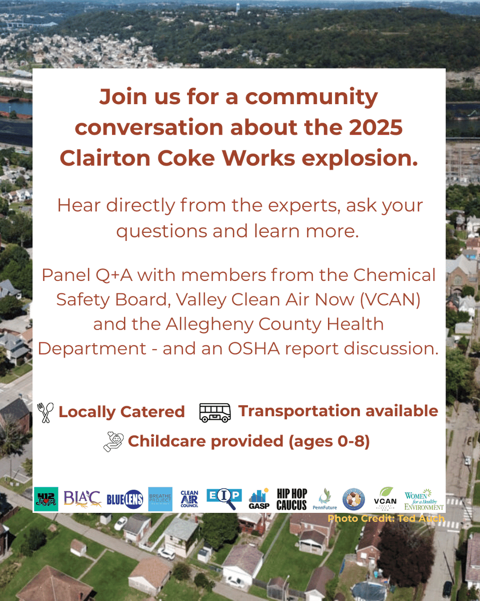 BreatheProject's tweet photo. A Community's Right To Know: A Conversation on the Clairton Plant Explosion.
5/27 from 6:00pm-8:00pm at the Clairton Municipal Building.  Hear directly from the experts, ask your questions, learn more, and have dinner. Register here: https://t.co/AVYSdAIlCg @GASPPgh @412Justice https://t.co/AoDJfoT9DG